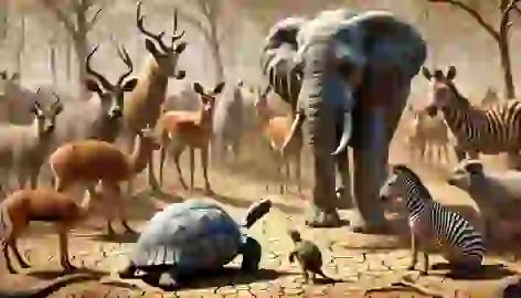 Ijapa listening to a group of African animals, including an elephant, discussing a distant land.