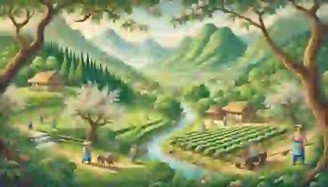 A hidden valley with villagers working in the fields, surrounded by rivers, mountains, and blooming peach trees.