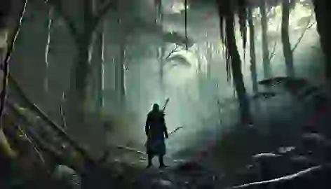  Warrin stands alone in the quiet forest after the battle, his spear lowered as he reflects on the spirits