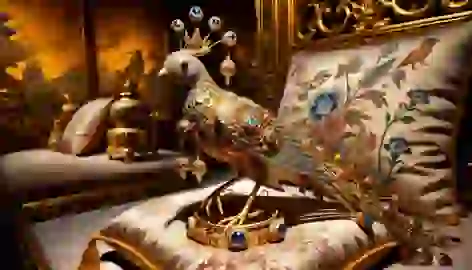 The artificial nightingale adorned with jewels on a silk cushion beside the emperor