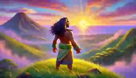  Maui watches the sun rise in peace after releasing it, standing on a hilltop with a tranquil landscape around him.