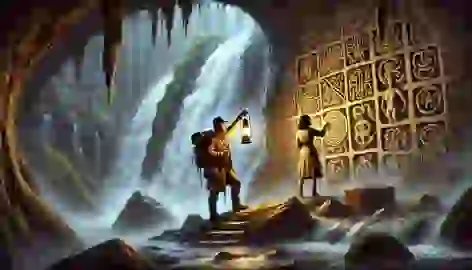 Rafael and Isabel discover a mysterious cave with ancient carvings illuminated by a lantern.