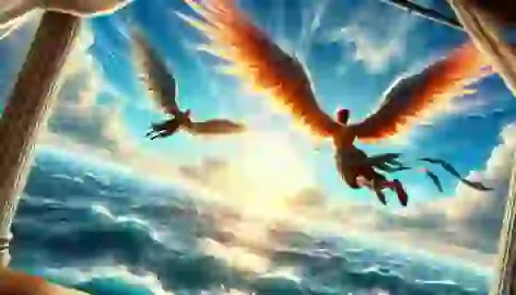 Daedalus and Icarus flying above the sea with feathered wings, Icarus soaring higher with exhilaration.