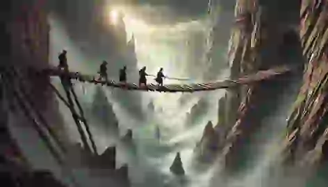 Three brothers carefully cross a swaying wooden bridge over a deep chasm amidst swirling mists.