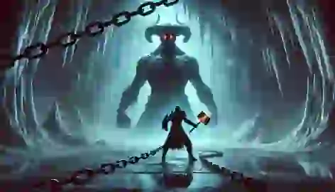 Arash, with a glowing hammer, confronts the chained demon Ahriman inside a vast icy cavern in Mount Damavand.