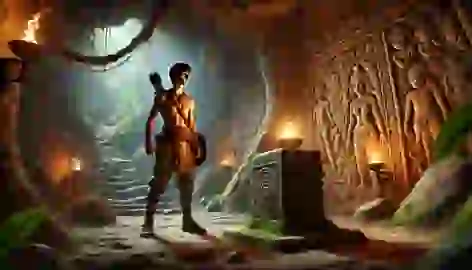 Guarionex stands before a glowing amulet in a sacred cave, surrounded by ancient carvings.