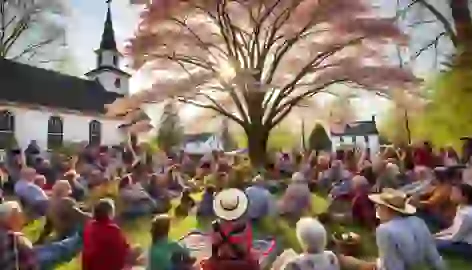 A community gathering under the blooming Dogwood Tree during a spring festival, with a church nearby.