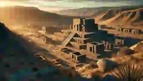 The ruins of Tiwanaku city with overgrown vegetation and stone structures under a setting sun.