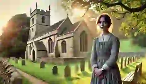 Esmé, now a young woman, stands outside the same church years later, reflecting on the passage of time.