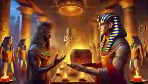 Set presents a sarcophagus to Osiris at a grand feast under torchlight.