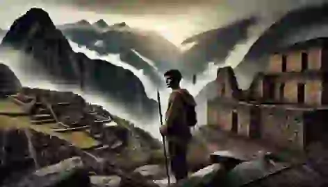 A Chachapoya warrior stands solemnly, gazing at the ruins of Kuélap after its fall.