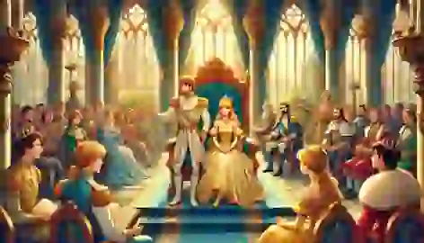 Rapunzel and the prince ruling from a grand throne room, surrounded by advisors and subjects.