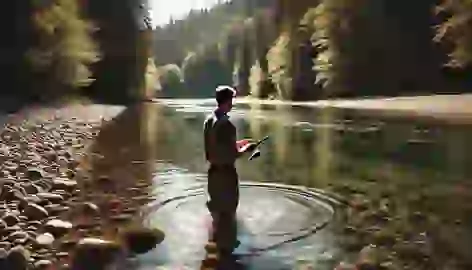 A man standing in shallow waters, casting a fishing line into a clear river, surrounded by trees and rocks