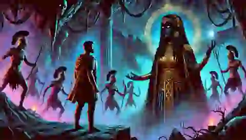 Ulysses confronting the Morrigan in her dark cave, with spectral warriors guarding the entrance.