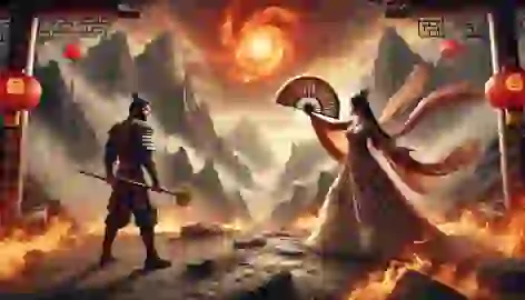 The Iron Fan Princess faces Sun Wukong in a tense standoff at the edge of the Flaming Mountains.