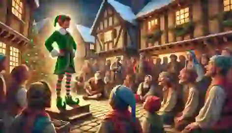 An elf reveals themselves to amazed villagers in the village square decorated for Christmas.