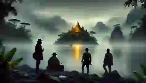 Rodrigo and his men gaze at a golden temple on an island in the middle of a misty lake.