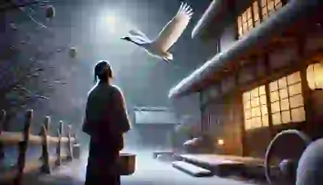 Takashi watching a crane fly away into the night sky from outside his snow-covered home.