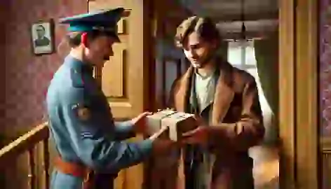 Kovalyov receives a parcel from a police officer at his apartment door, inside is his missing nose.