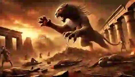 Sekhmet unleashing her wrath on an ancient Egyptian battlefield, with soldiers fallen and the desert burning under a red sky.