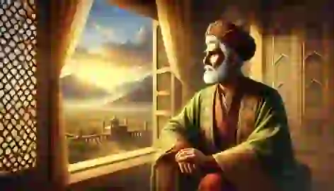 The elderly king reflects in his palace, looking out at distant hills