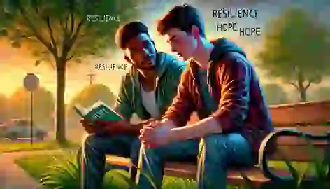 Jerome comforts his friend Sam with encouraging words as they sit on a park bench.