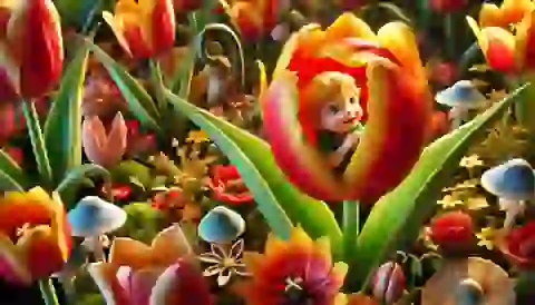 Thumbelina peeks out from a tulip flower, surrounded by vibrant garden flowers.