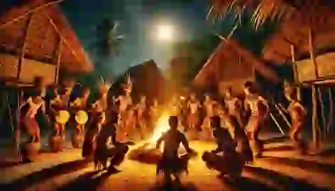 Arawak community dancing around a fire under the moonlight, dressed in traditional attire and jewelry.