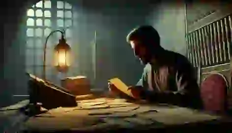 The vizier studying documents by lantern light, contemplating a potential conspiracy late at night.