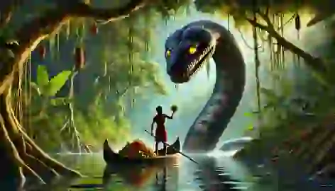 A fisherman in a canoe on the Rio Negro under a crimson moon, with eerie shadows resembling serpents in the forest.