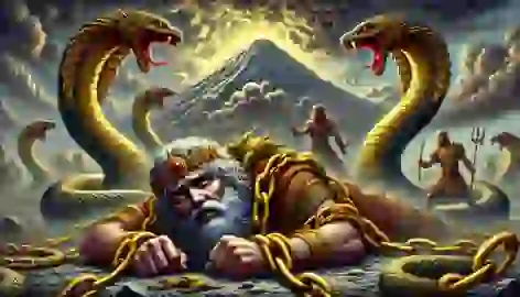 Feraydun confronts and binds Zahhak with golden chains before Mount Damavand under a stormy sky.