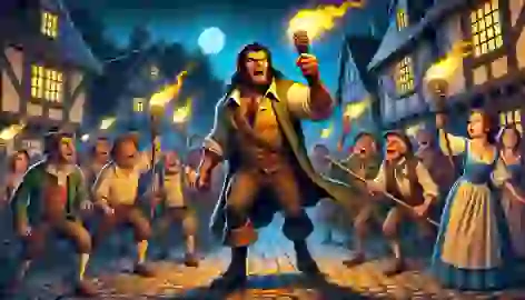 Gaston leads a mob of villagers with torches, inciting them to attack the Beast