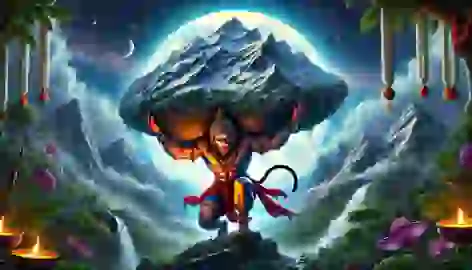 Hanuman lifting the entire Dronagiri mountain under a moonlit sky with detailed greenery.