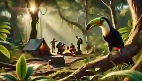 Tico the toucan hiding behind a branch, cautiously observing a human camp set up in the rainforest.