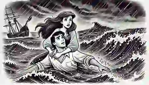 Ariel rescuing Prince Eric from the stormy sea, bringing him to the shore with a look of concern on her face.