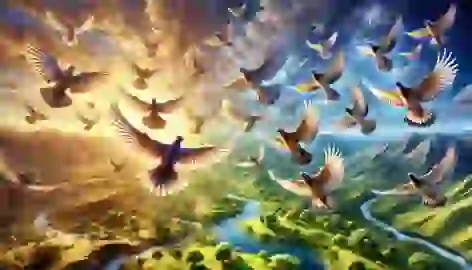 Enlightened birds flying over diverse lands, spreading harmony and wisdom.