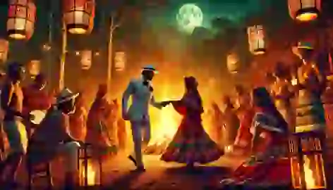 Amazonian festival at night with villagers dancing by a bonfire, a man in a white suit approaches a woman in red.