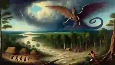 Winged serpent Cai-Cai Vilú arrives in a stormy sky, while Mapuche villagers flee from rising floodwaters.