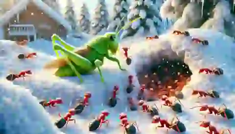 The grasshopper begs ants for food during winter.