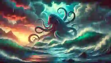 The Kraken’s enormous tentacles rise from the stormy depths of the North Atlantic Ocean.