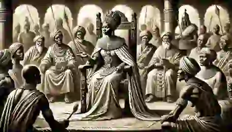 Queen Nzinga in her later years, holding court in Matamba, surrounded by elders, warriors, and advisors.