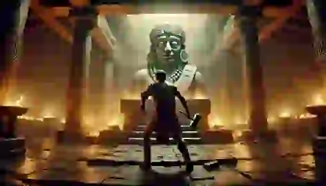 Cuauhtémoc, in a temple, raises a hammer to destroy the Chacmool statue while standing in an eerie stillness.