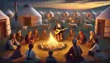 A bard sings by a fire in a Kazakh village while villagers, including Turkyn, listen beneath the twilight sky.