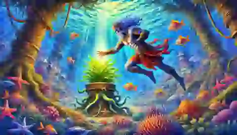 Gilgamesh diving into the ocean to retrieve the plant of rejuvenation. The scene shows Gilgamesh underwater, surrounded by vibrant sea life, reaching for a glowing plant at the ocean