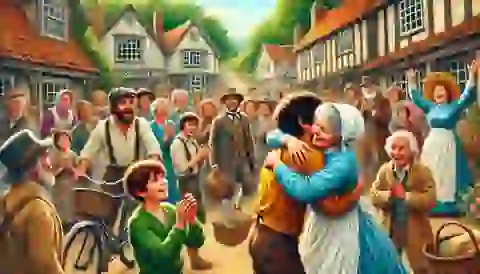 Villagers welcoming Huck and Tom back to Woodbridge with open arms and joy.