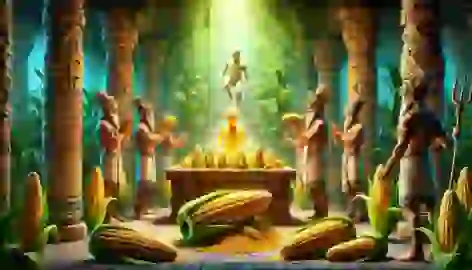 Mayan gods creating the first humans from maize around a sacred altar with glowing light.