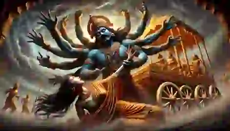 Ravana abducting Sita, showing his ten heads and multiple arms, while Sita reaches out in fear.