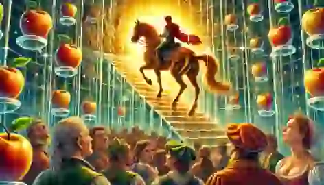 Boots rides up the glass hill, carrying two golden apples, while the princess holds the third apple at the top.