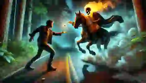 A man throws a gold coin toward the Dullahan on a narrow road, as the rider holds his glowing head and recoils.