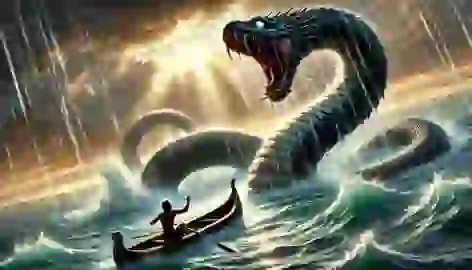  The Great Serpent rising from the lake as Awan, struggling to stay afloat, looks up in terror at the massive creature.